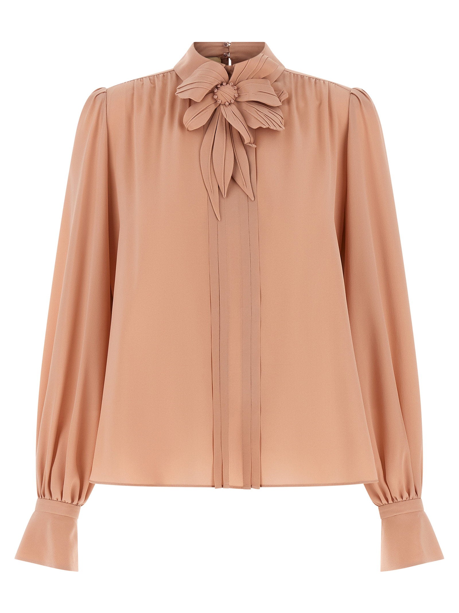 Valentino Garavani Crêpe with Bow Neckline Blouse — Beige
