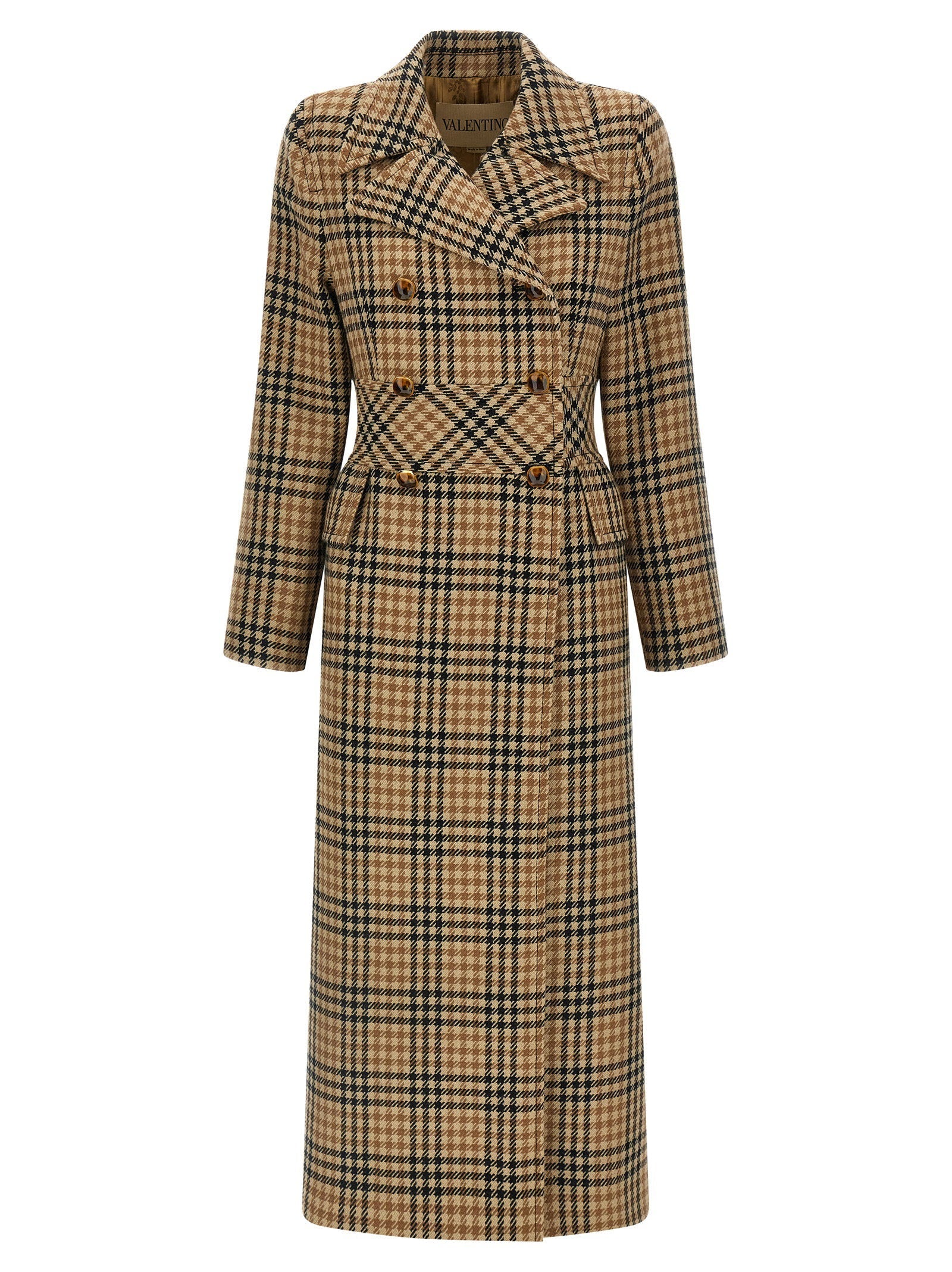Valentino Garavani Houndstooth Wool Coat — Beige