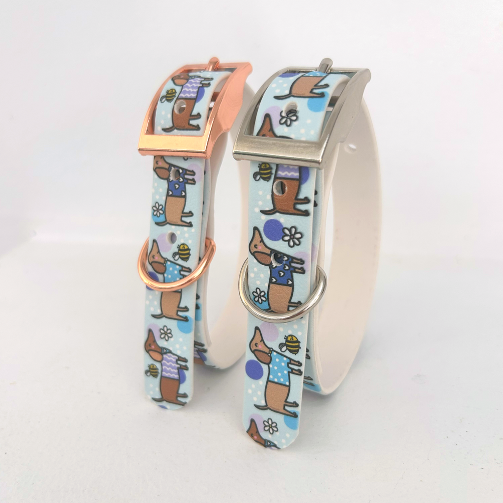 Bee Happy Dachshunds Blue Handmade Dog Collar