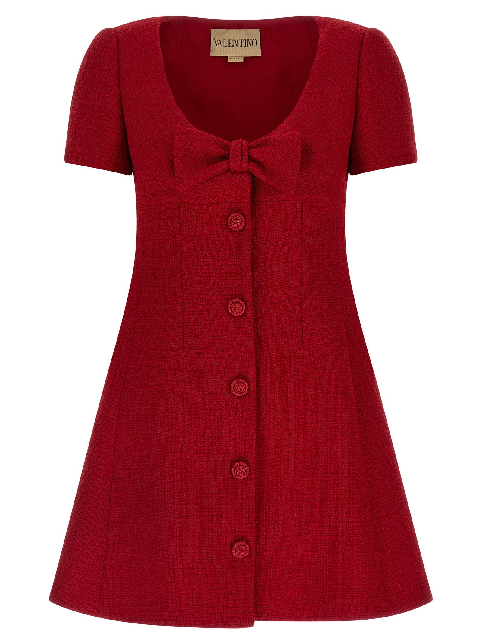 Valentino Garavani Wool Tweed Bow Dress — Red