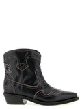 Ganni Embroidered Western Ankle Boot — Black