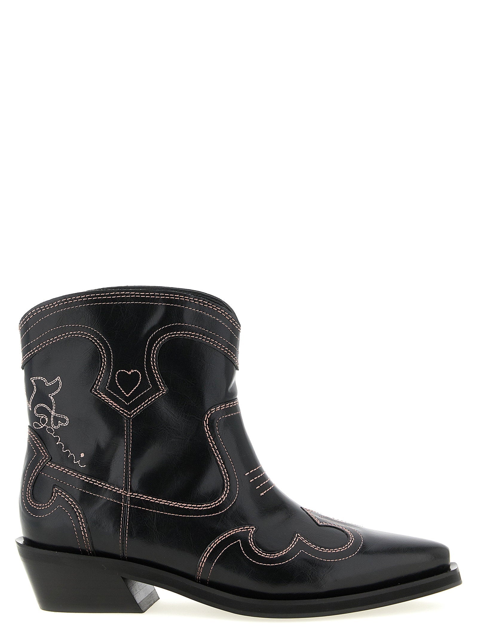Ganni Embroidered Western Ankle Boot — Black