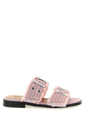 Ganni Buckle Fringed Denim Sandals — pink