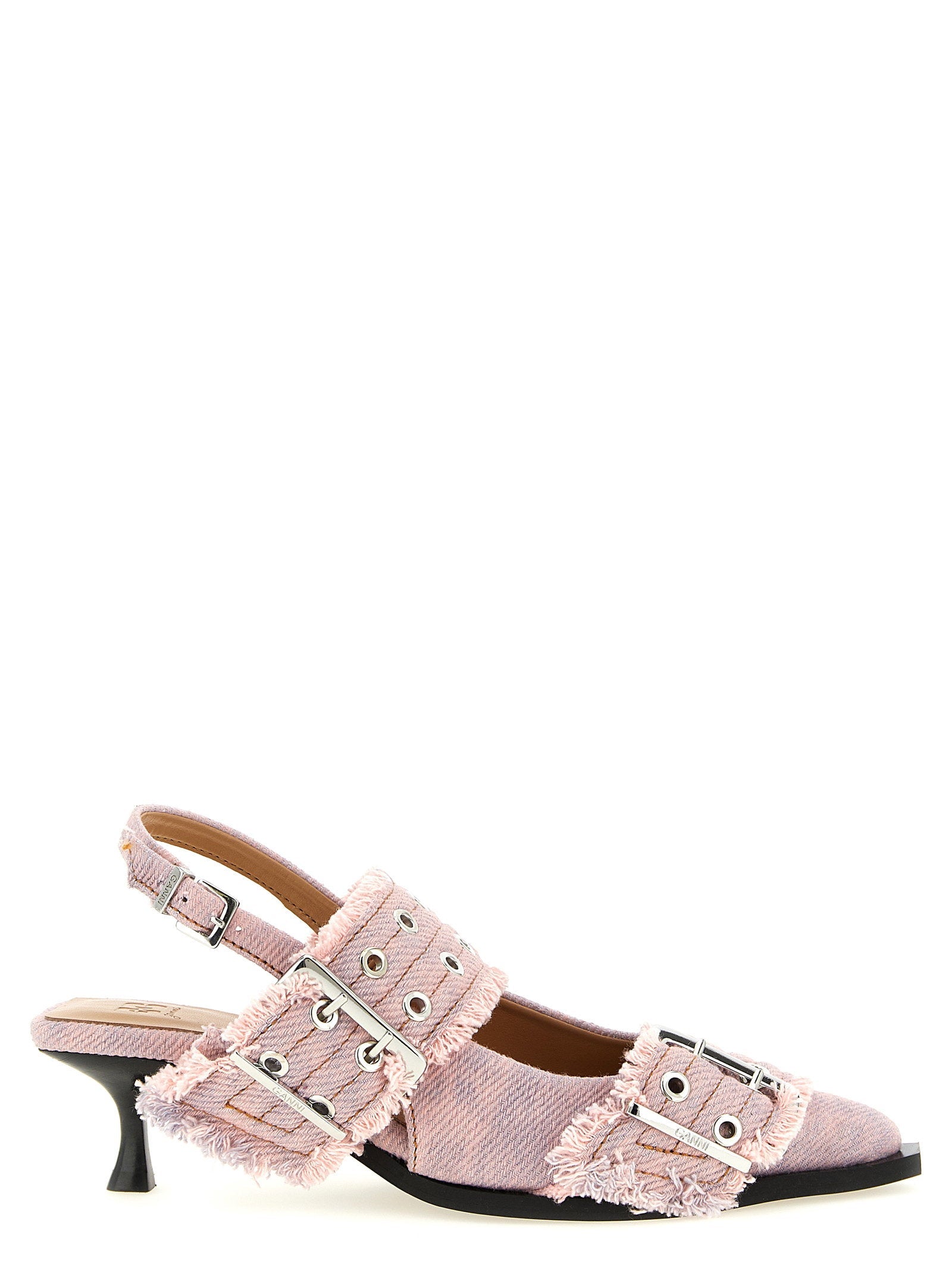 Ganni Buckle-Embellished Fringed Denim Slingback Heel — Pink