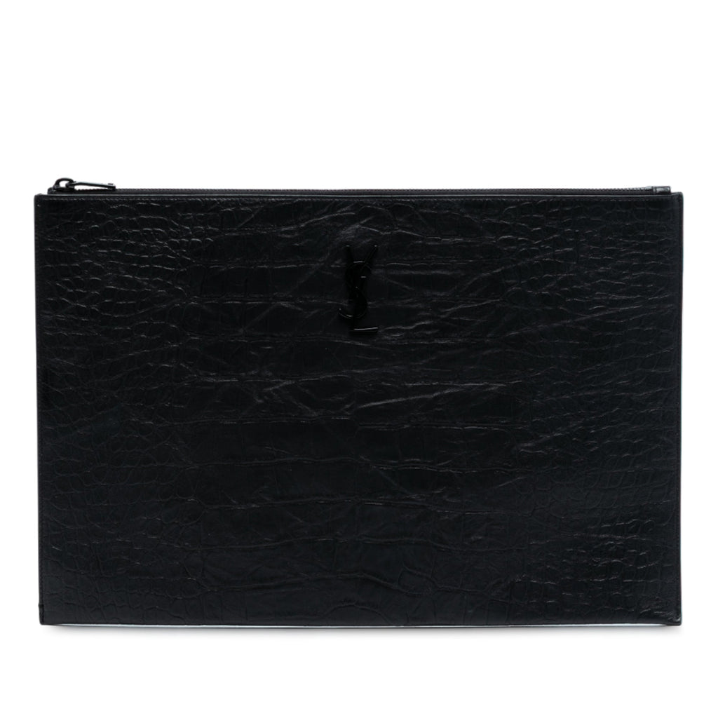 Croc Embossed Leather Monogram Clutch