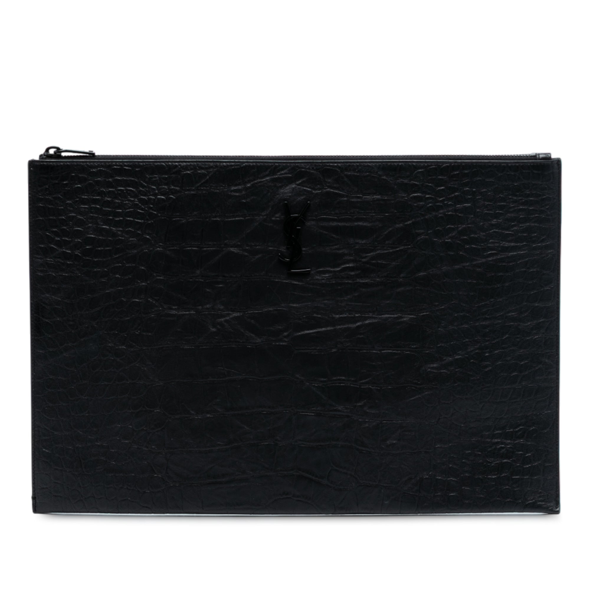 Croc Embossed Leather Monogram Clutch
