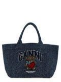 Ganni Embroidered Tweed Denim Tote Bag — Navy
