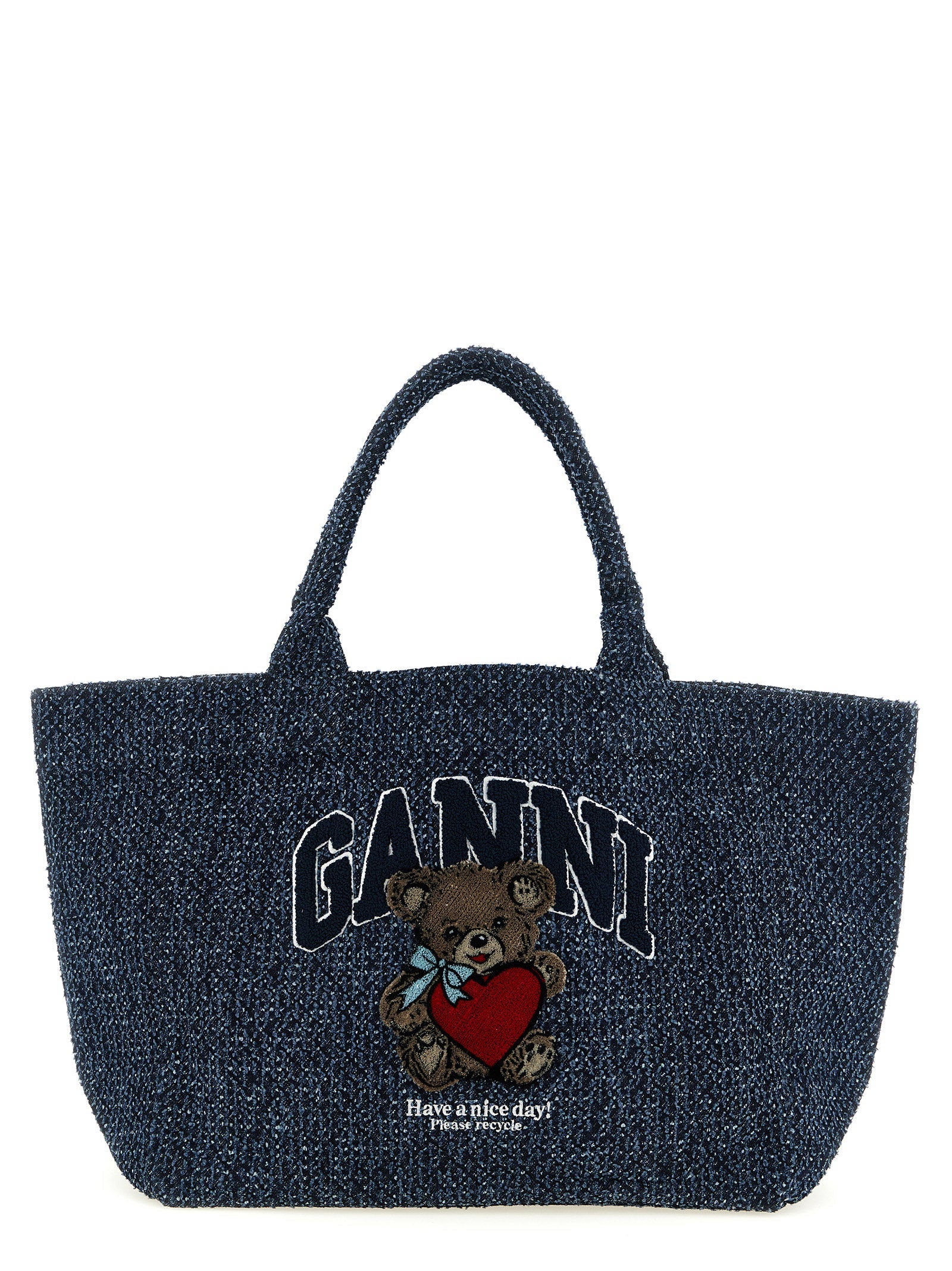 Ganni Embroidered Tweed Denim Tote Bag — Navy