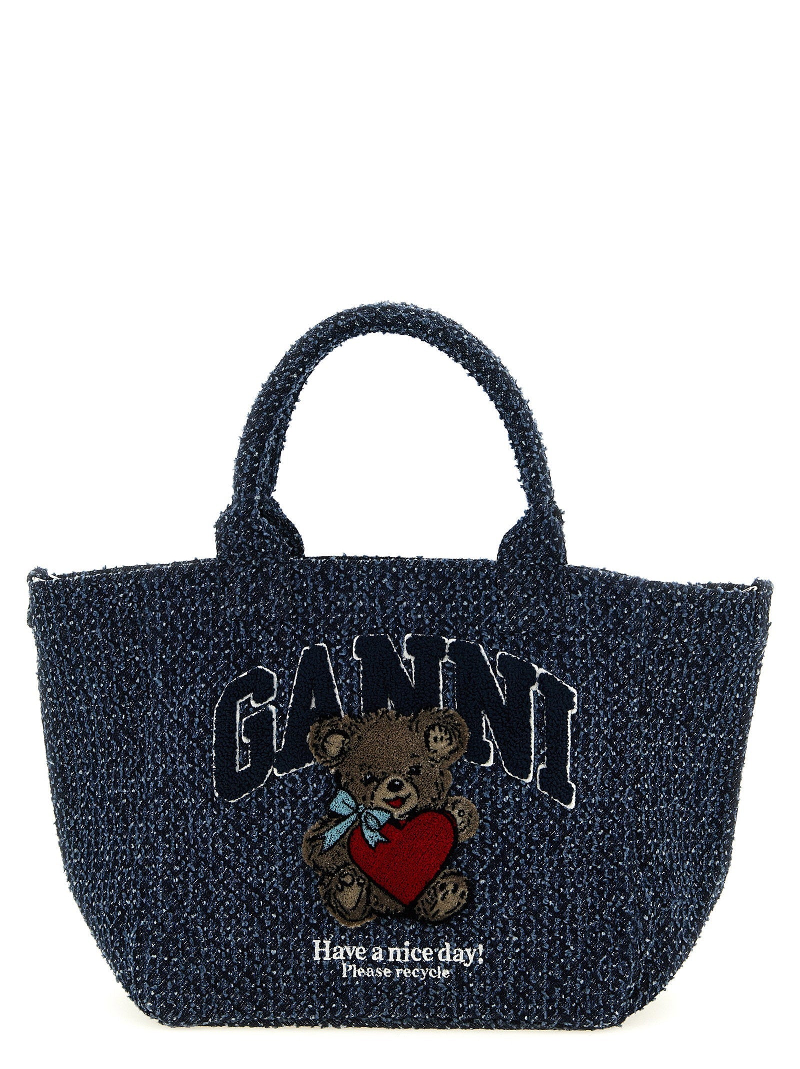 Ganni Embroidered Bear Tweed Tote Bag — Navy