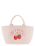 Ganni Raspberry-Embroidered Canvas Tote Bag — Pink