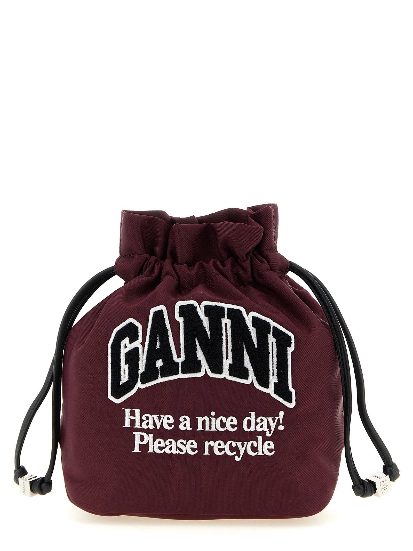 Ganni Logo-Embroidered Bucket Bag — Burgundy