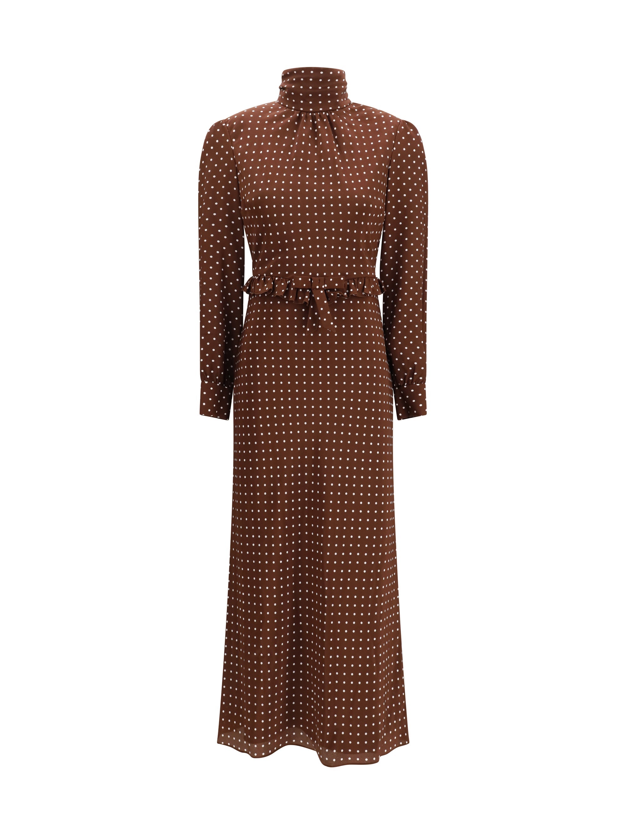 Alessandra Rich Polka Dot Silk Crêpe de Chine Dress — Brown