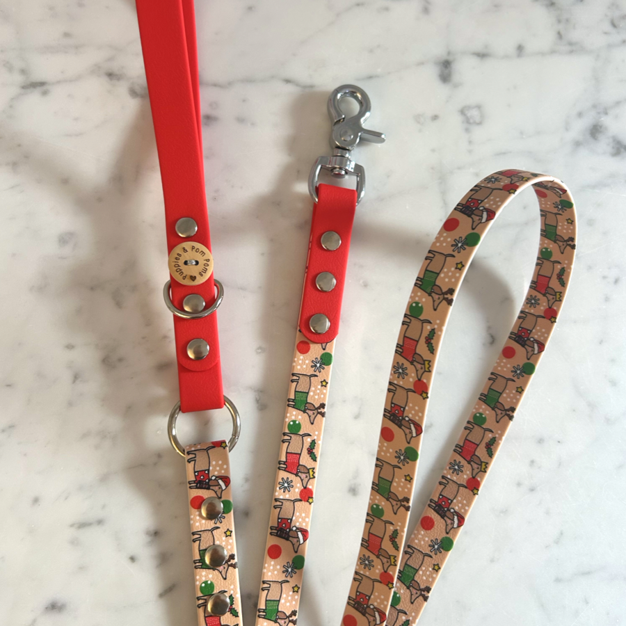 Handmade Dog Leash - Christmas Dachshunds - Red