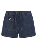 Valentino Garavani Denim with Gold Logo Detail Shorts — Navy
