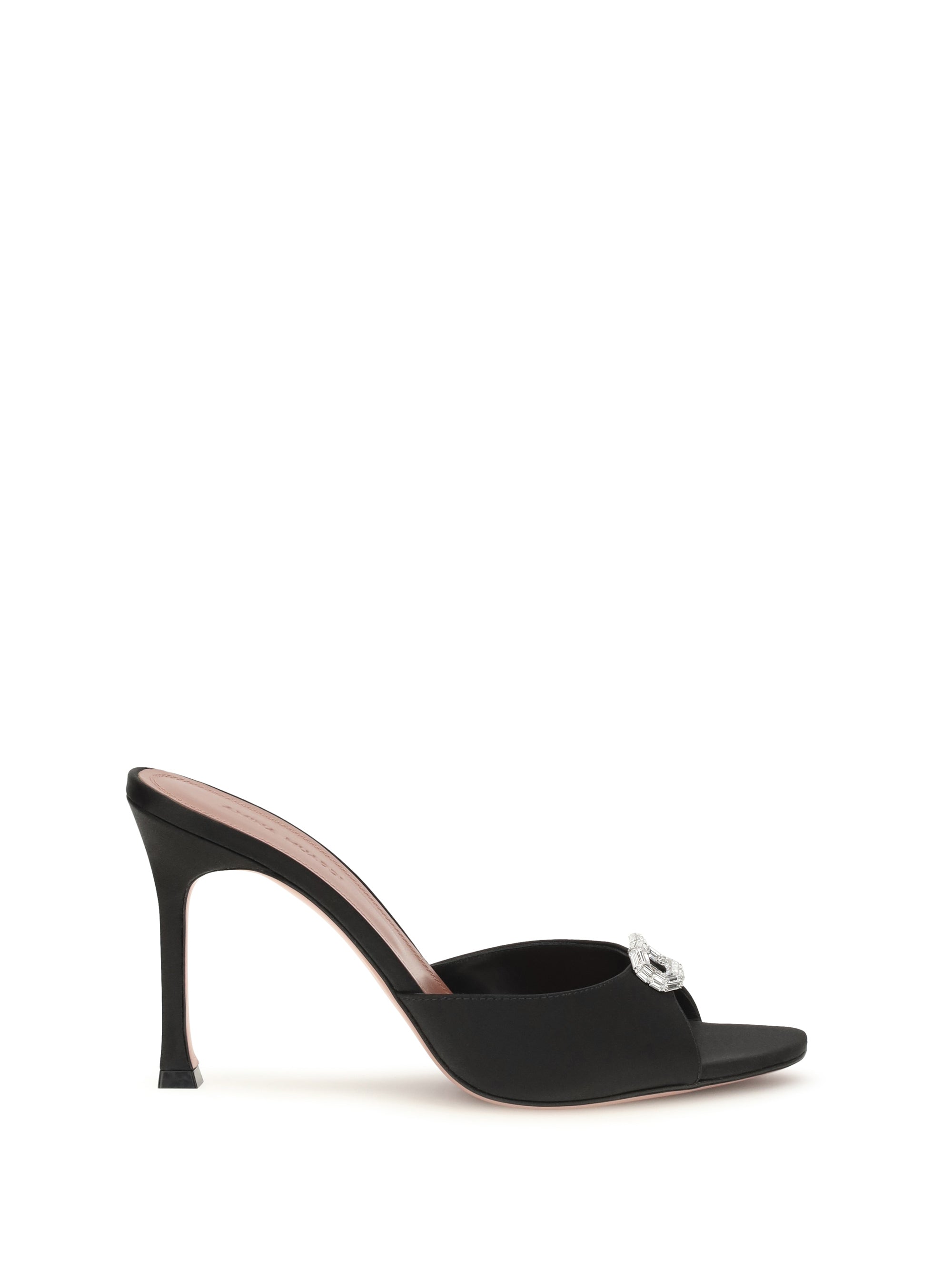 Amina Muaddi Satin with Crystal Embellishment Mule Sandals — Black