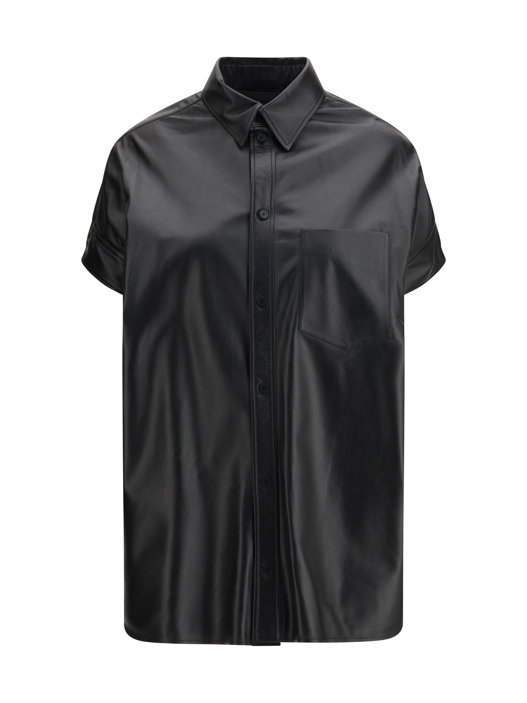 Balenciaga Tucked Sleeves Lamb Leather Shirt — Black