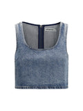 Self-Portrait Rhinestone Denim Tank Top — Blue