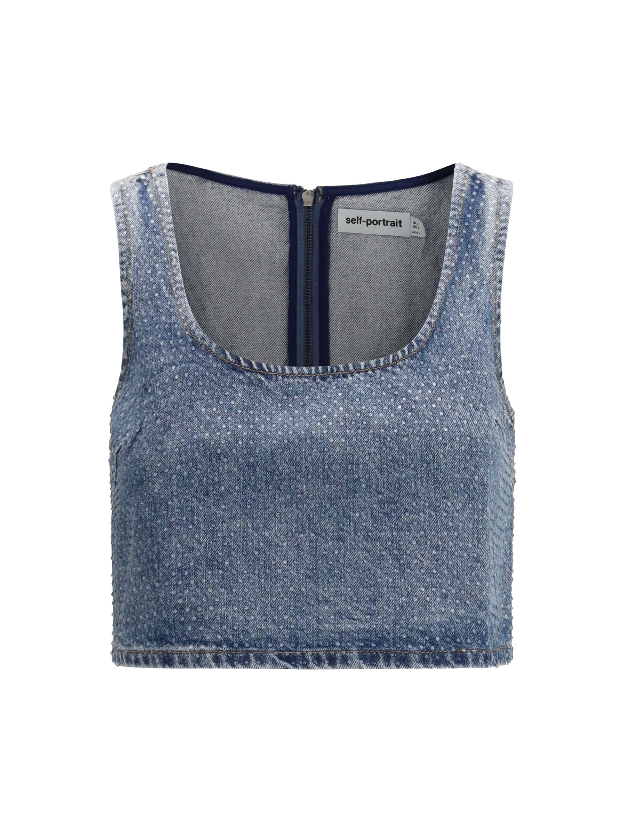Self-Portrait Rhinestone Denim Tank Top — Blue