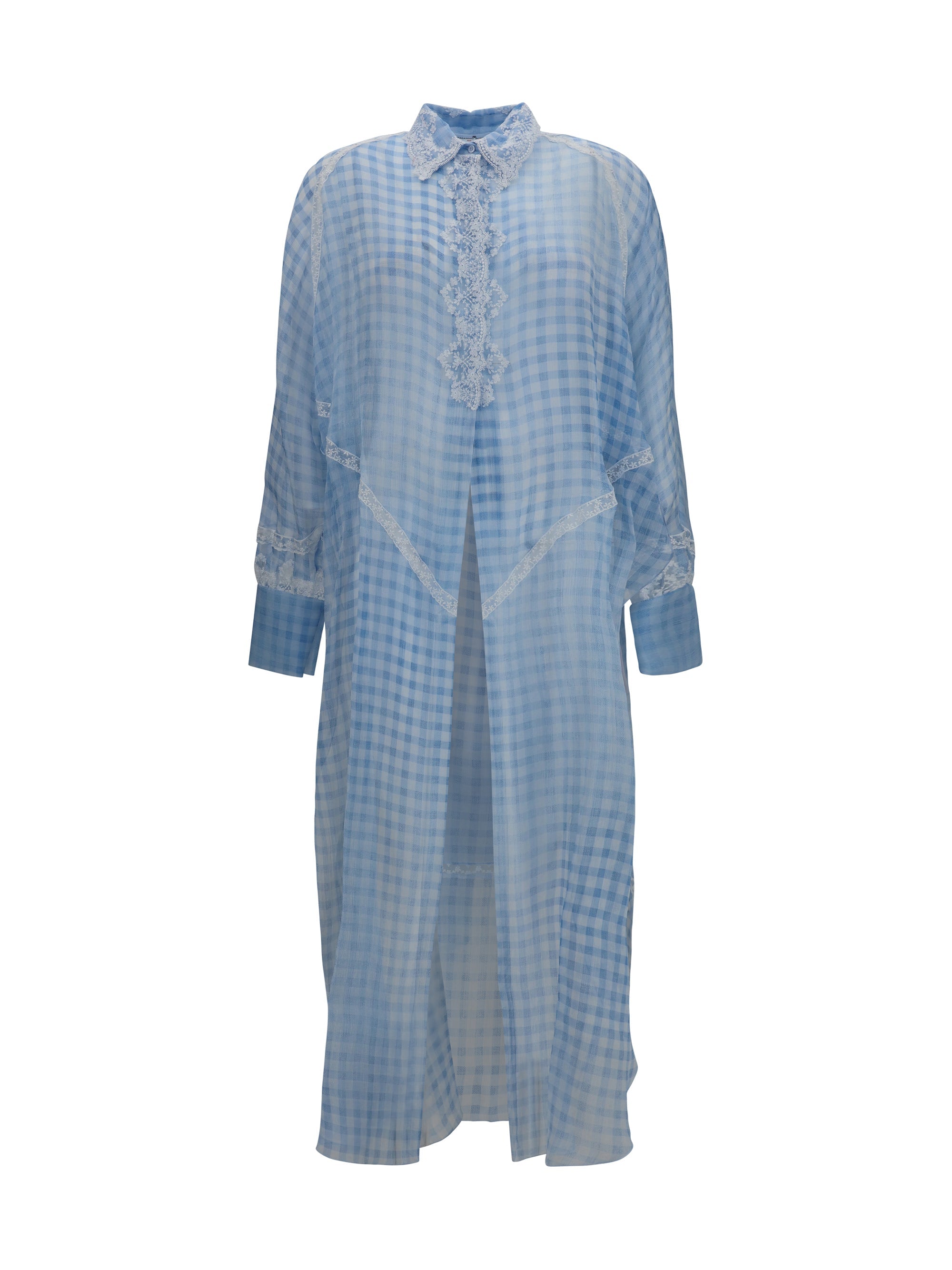 Ermanno Scervino Lace-Trimmed Gingham Silk Shirt Dress — Blue