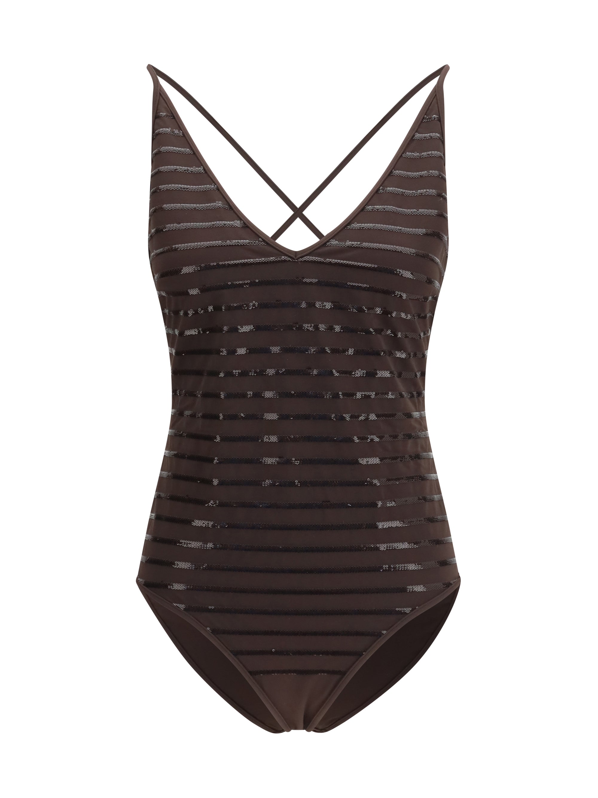 Brunello Cucinelli Sequin-Striped One-Piece Swimsuit — Brown