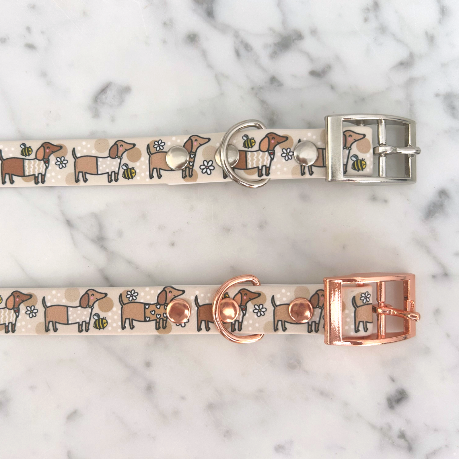 Bee Happy Dachshunds Beige Handmade Dog Collar