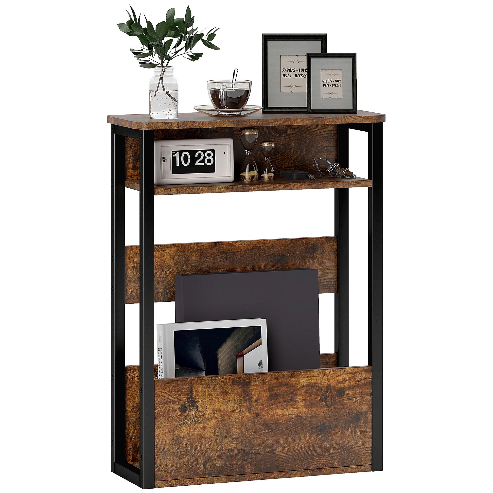 Industrial Narrow Bedside Table with Shelves and Dark Wood Finish