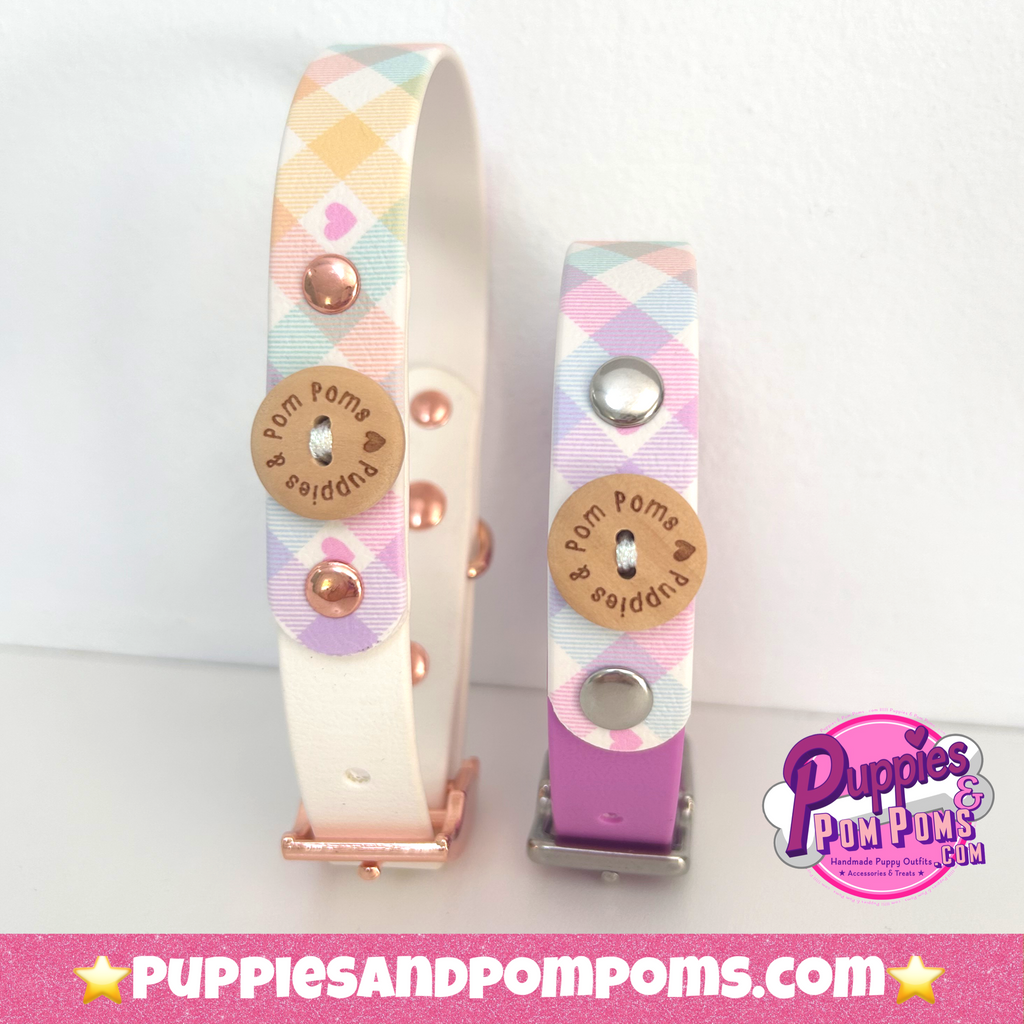 Handmade Dog Collar - Pastel Vichy - White