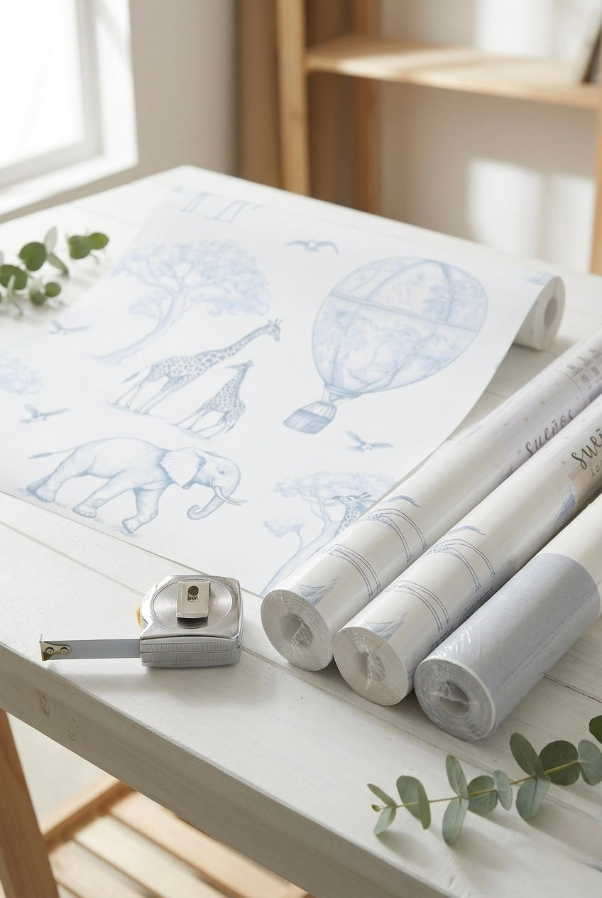 Papel pintado infantil Jirafas y globos azul empolvado
