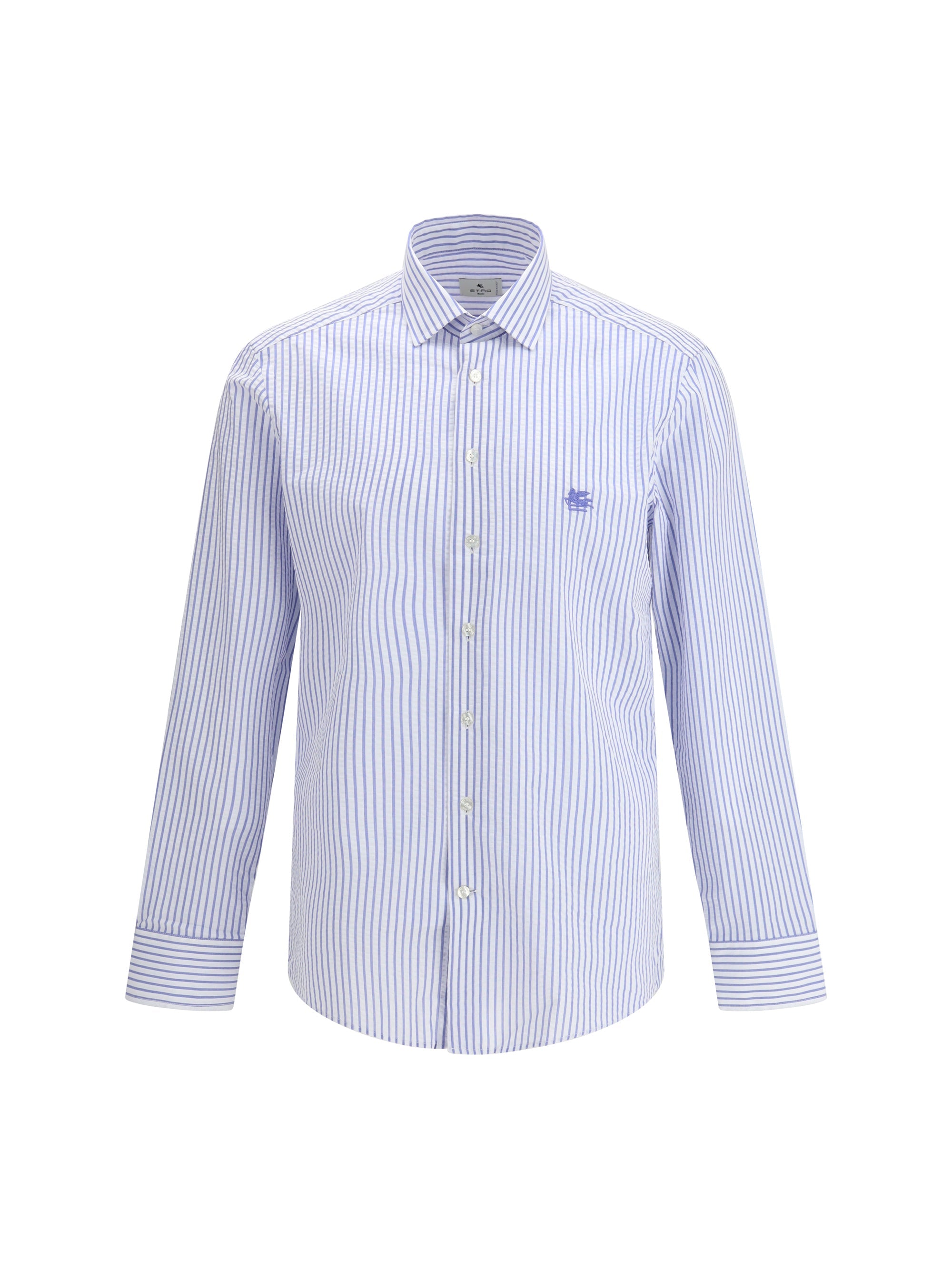 Etro Striped Cotton with Embroidered Logo Shirt — Blue