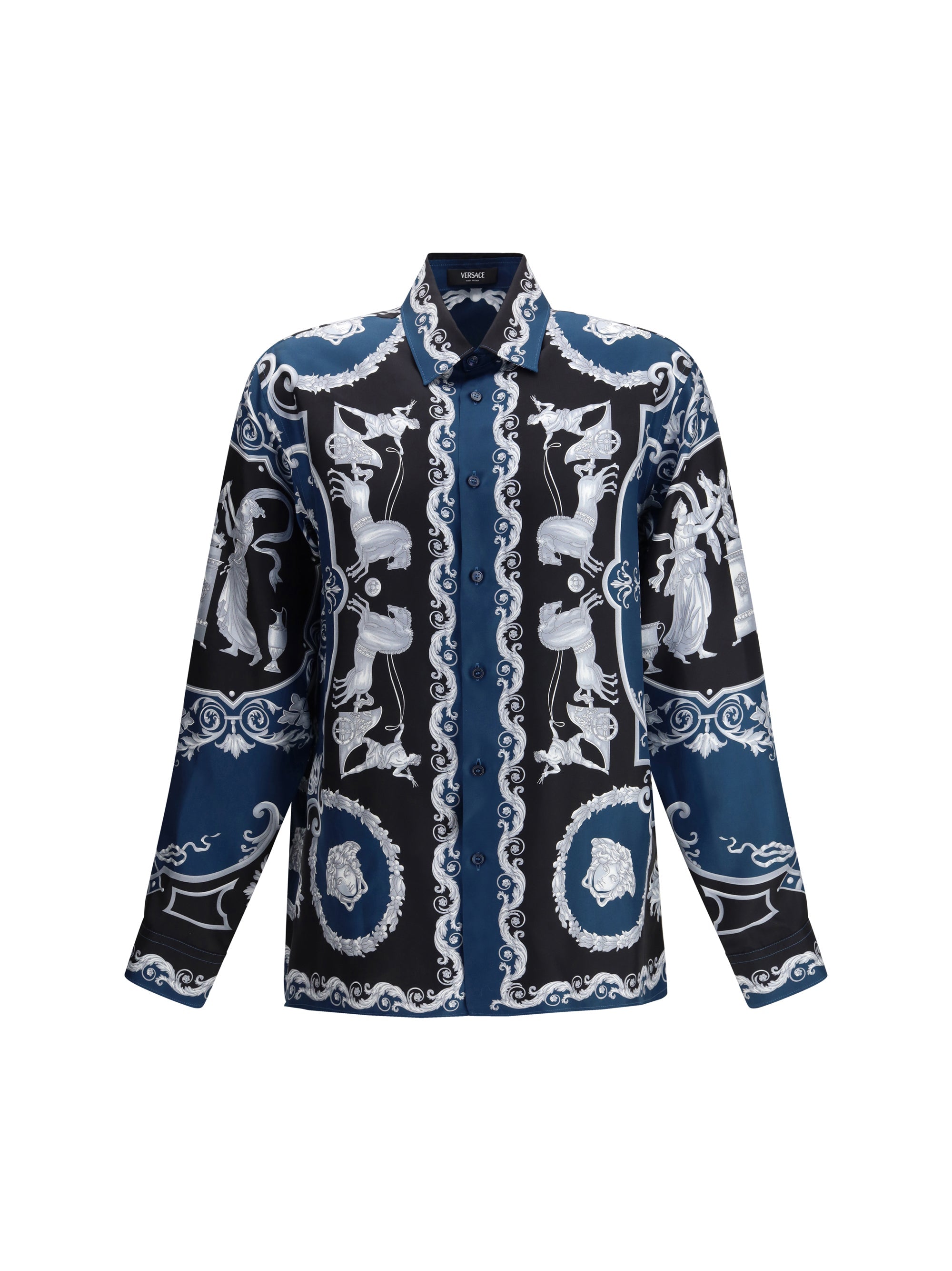Versace Hall of Heroes Printed Silk Twill Shirt — Black