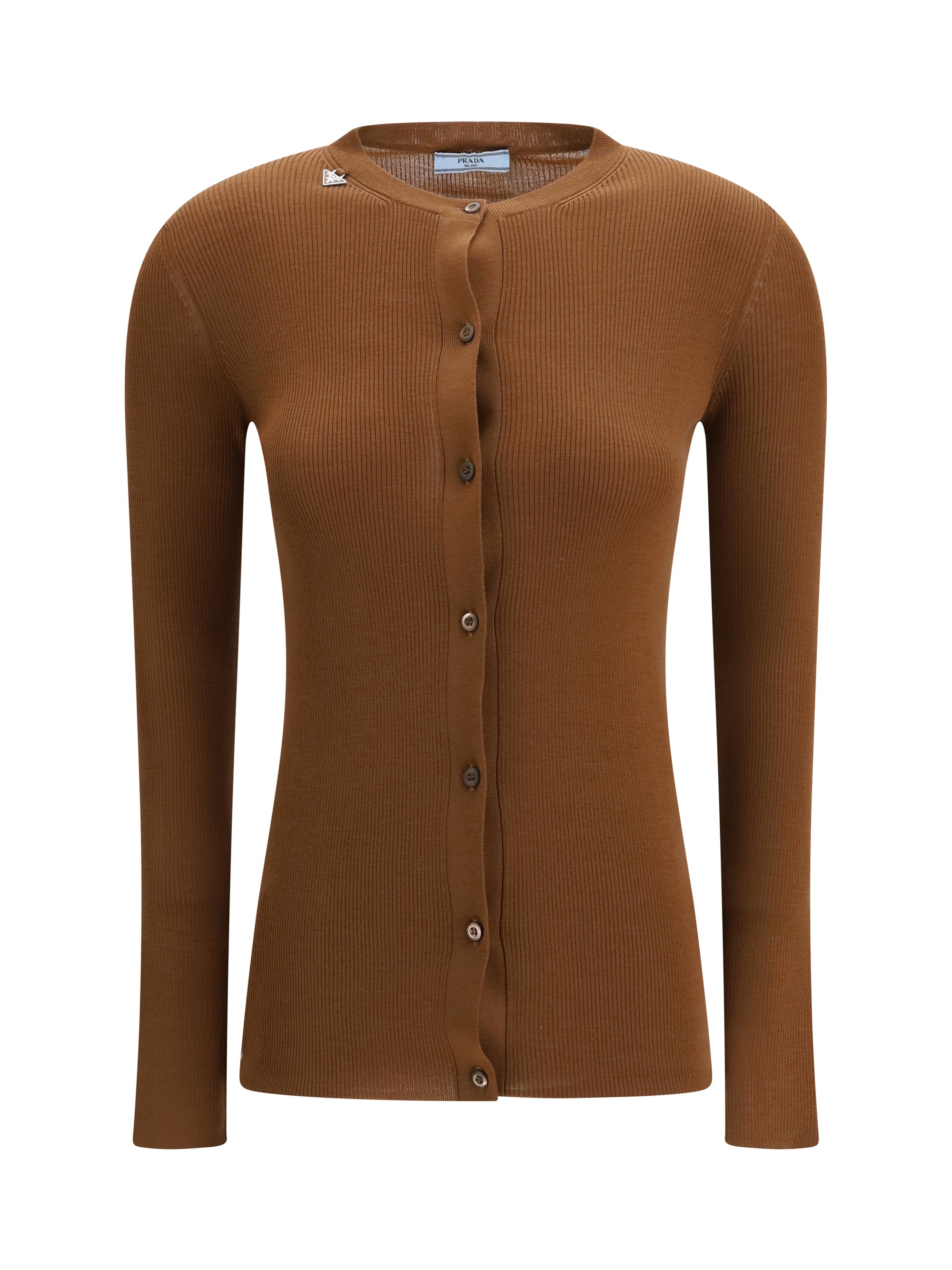 Prada Ribbed Virgin Wool Cardigan — Brown