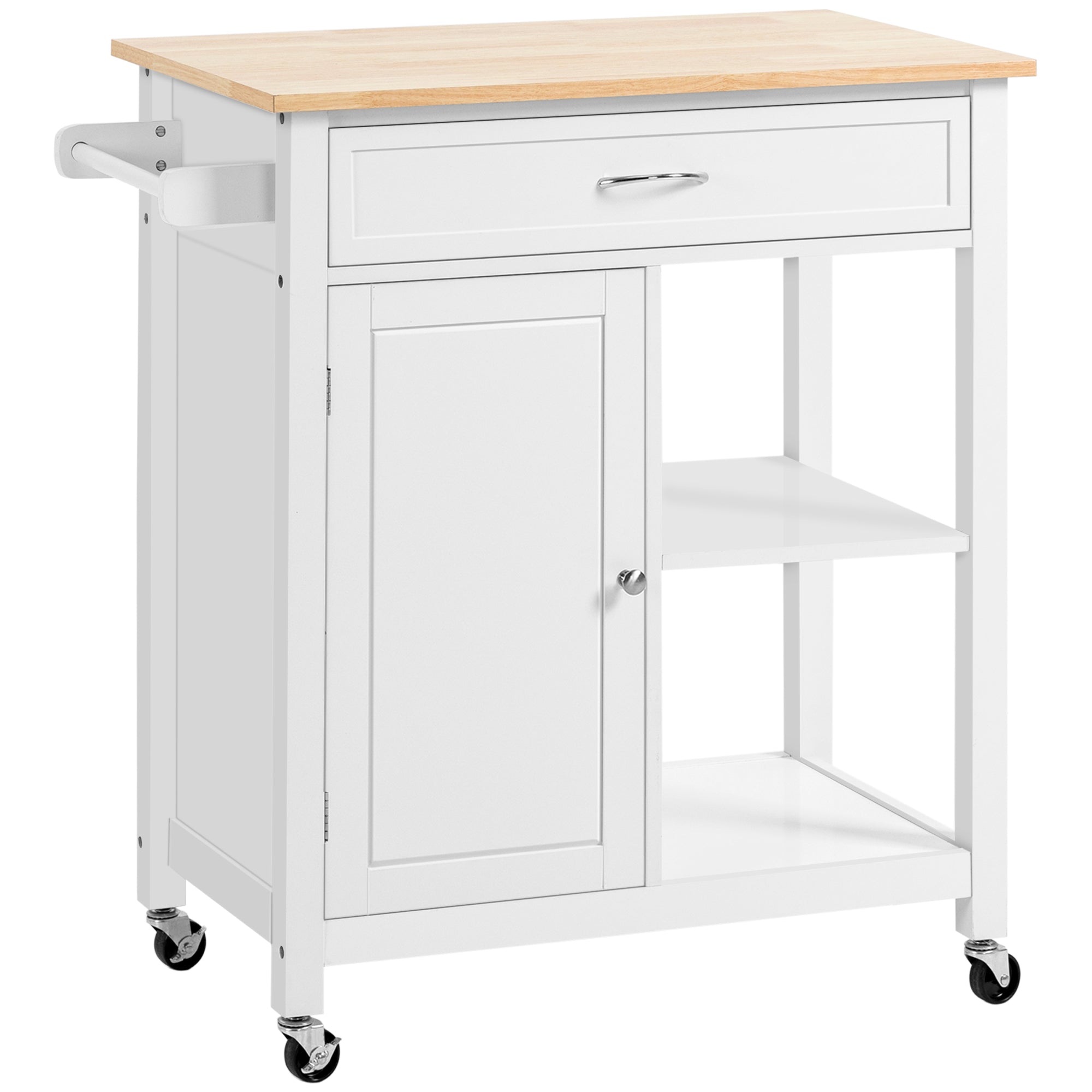 Rolling Kitchen Cart with Wood Top and Drawer, White