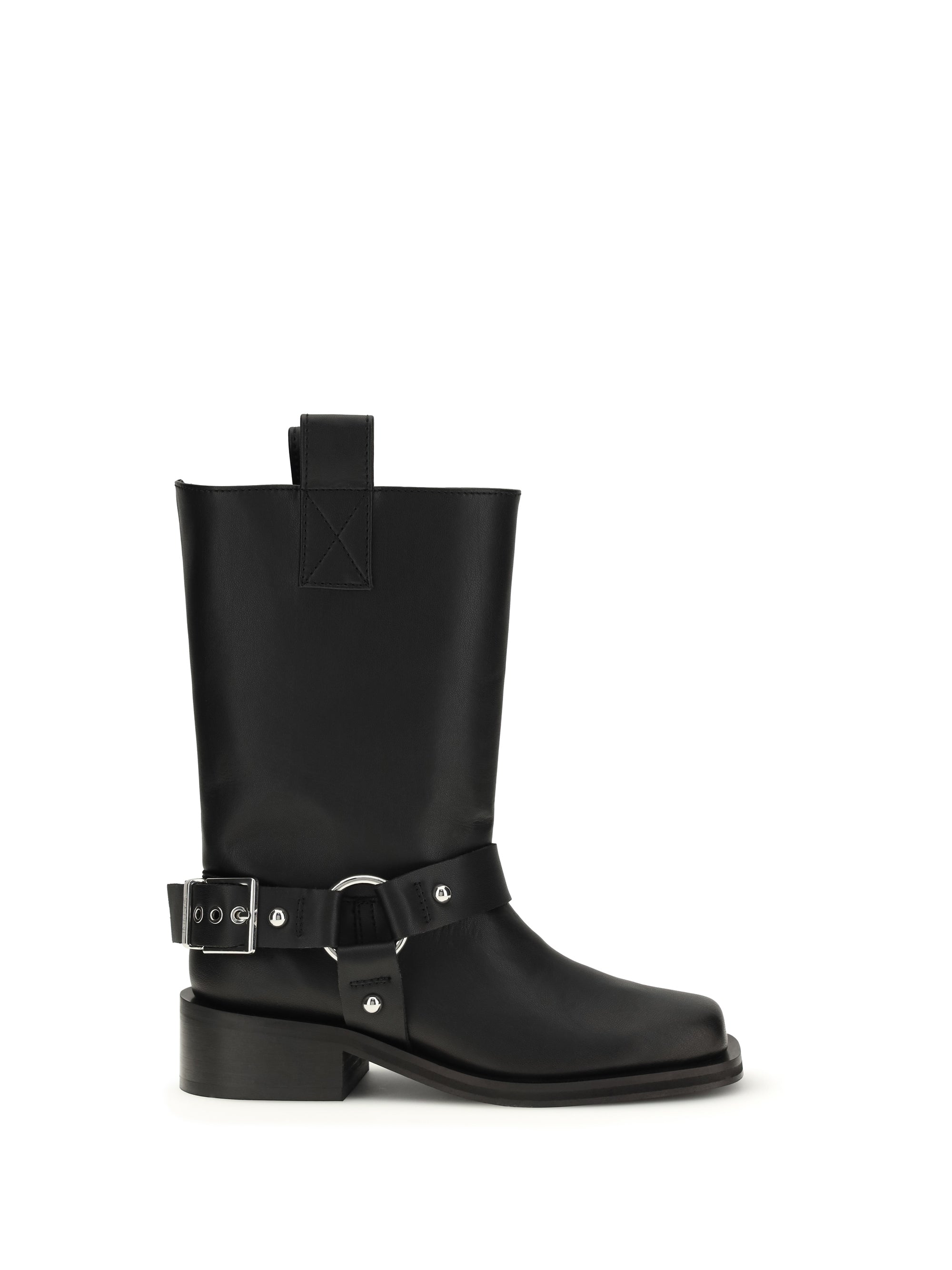 Ganni Buckle-Strap Biker Boots — Black
