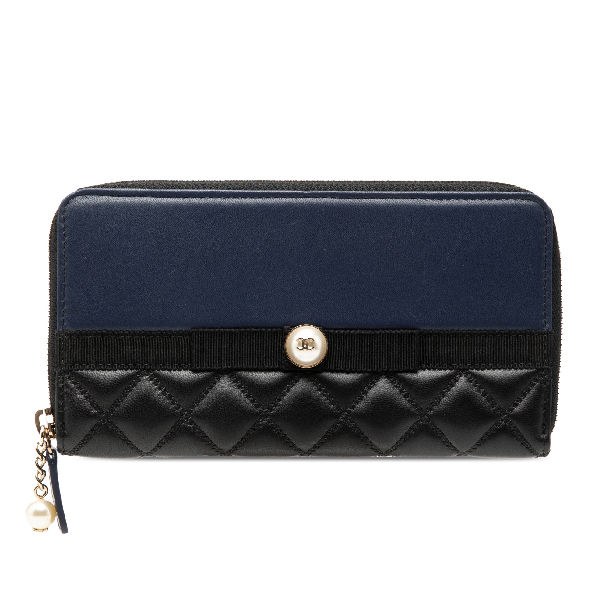 Bicolor Quilted Lambskin Faux Pearl Ribbon Long Wallet