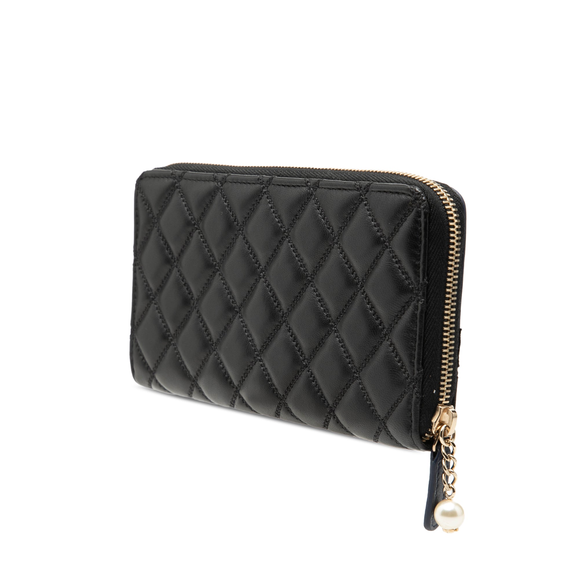 Bicolor Quilted Lambskin Faux Pearl Ribbon Long Wallet