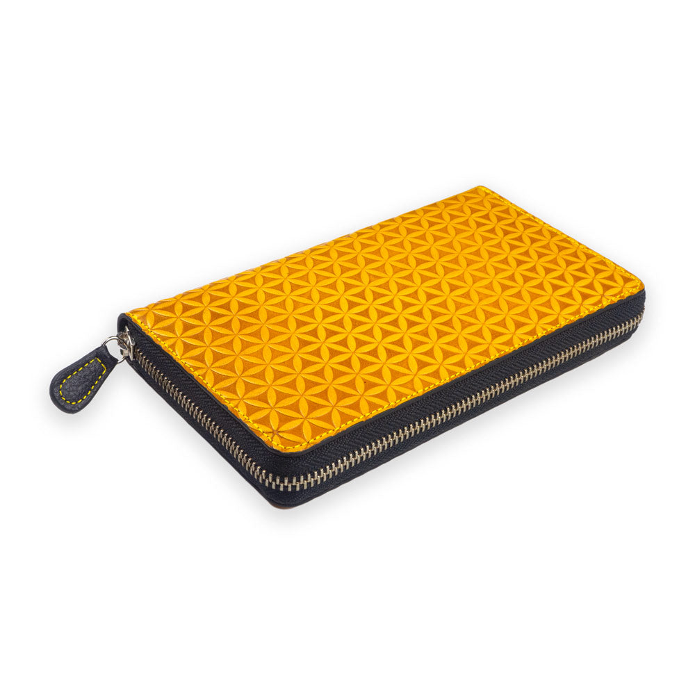 Flower of Life Embossed Large Leather Wallet Yellow