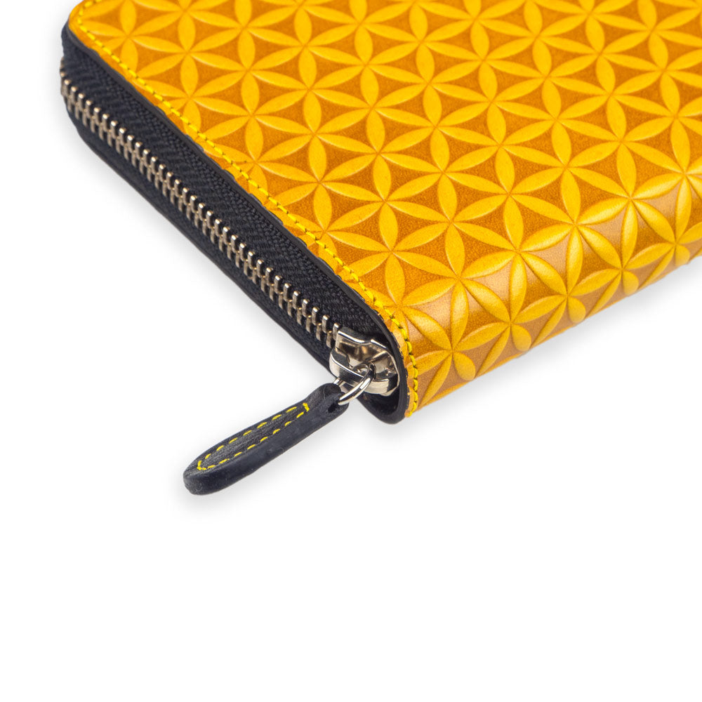 Flower of Life Embossed Large Leather Wallet Yellow