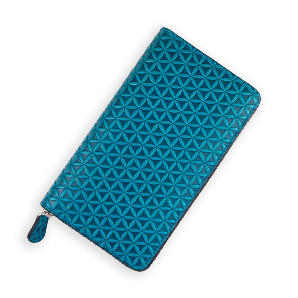 Large Leather Wallet with Zipper Blue