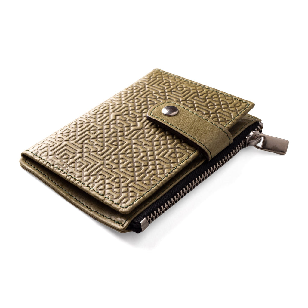 Olive Green Slim Leather Wallet Islamic Art Embossed Pattern