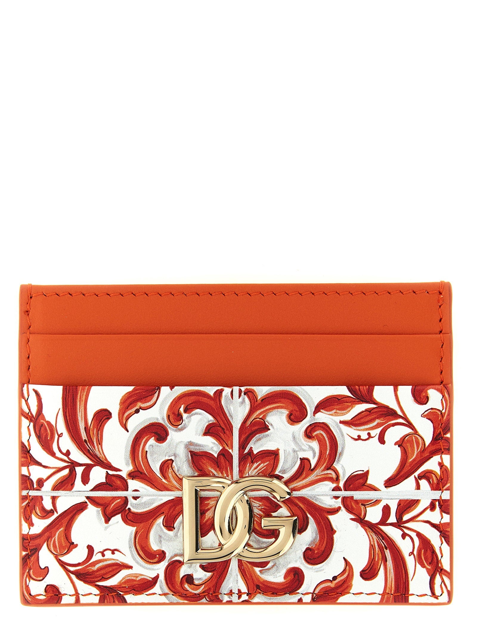 Dolce & Gabbana Maiolica Print Calf Leather Card Case — Orange