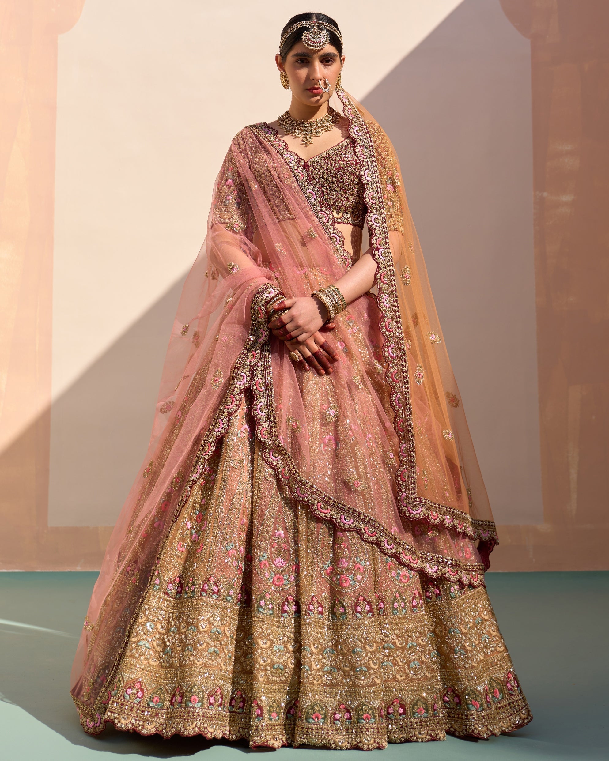 Nila Mustard Organza Double Duppatta Lehenga Set By KYNAH, Luxury Indian Fashion & Bridal Wear