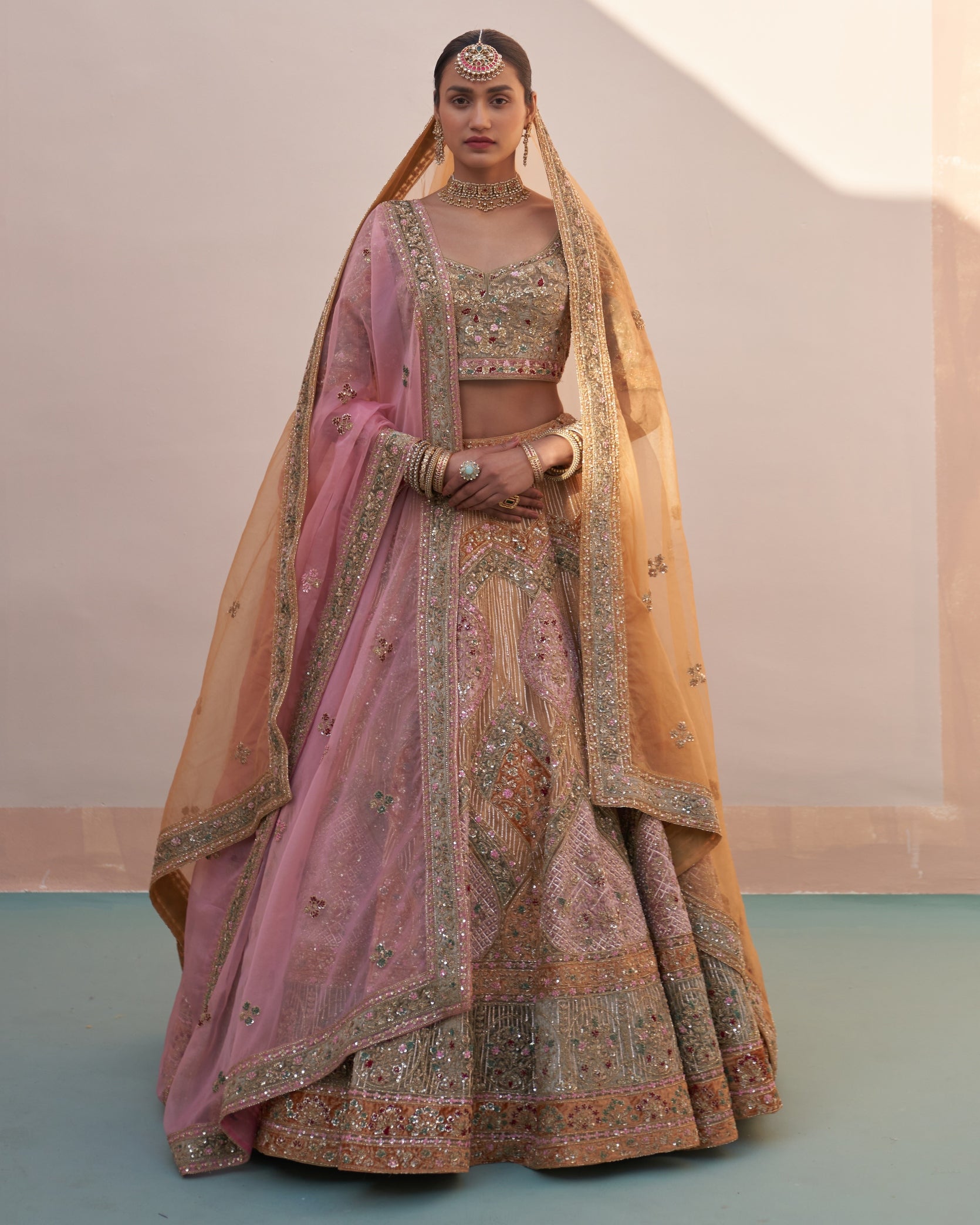 Heera Gold Organza Double Dupatta Lehenga Set By KYNAH, Luxury Indian Fashion & Bridal Wear