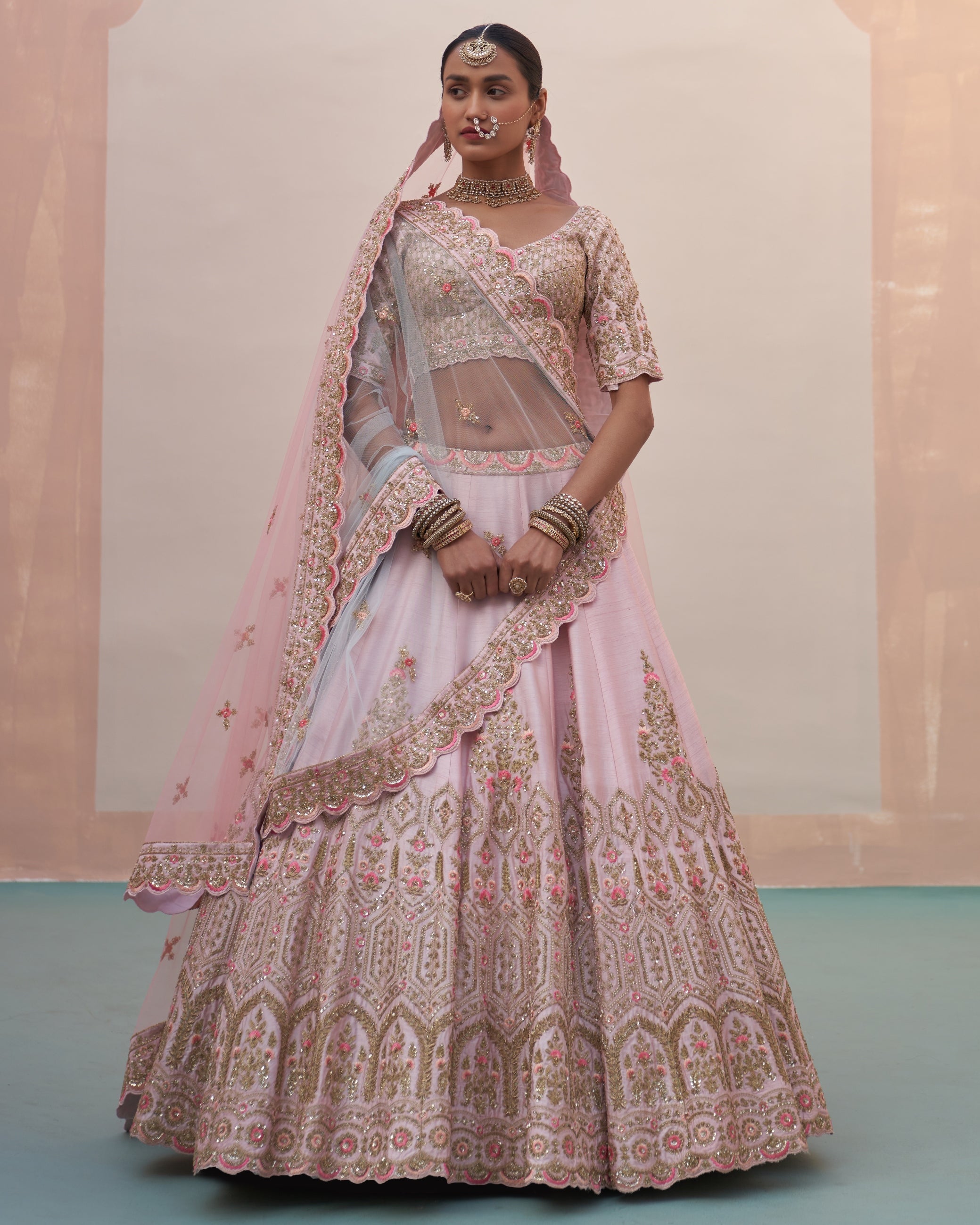 Hrida Blush Pink Double Dupatta Lehenga Set By KYNAH, Luxury Indian Fashion & Bridal Wear