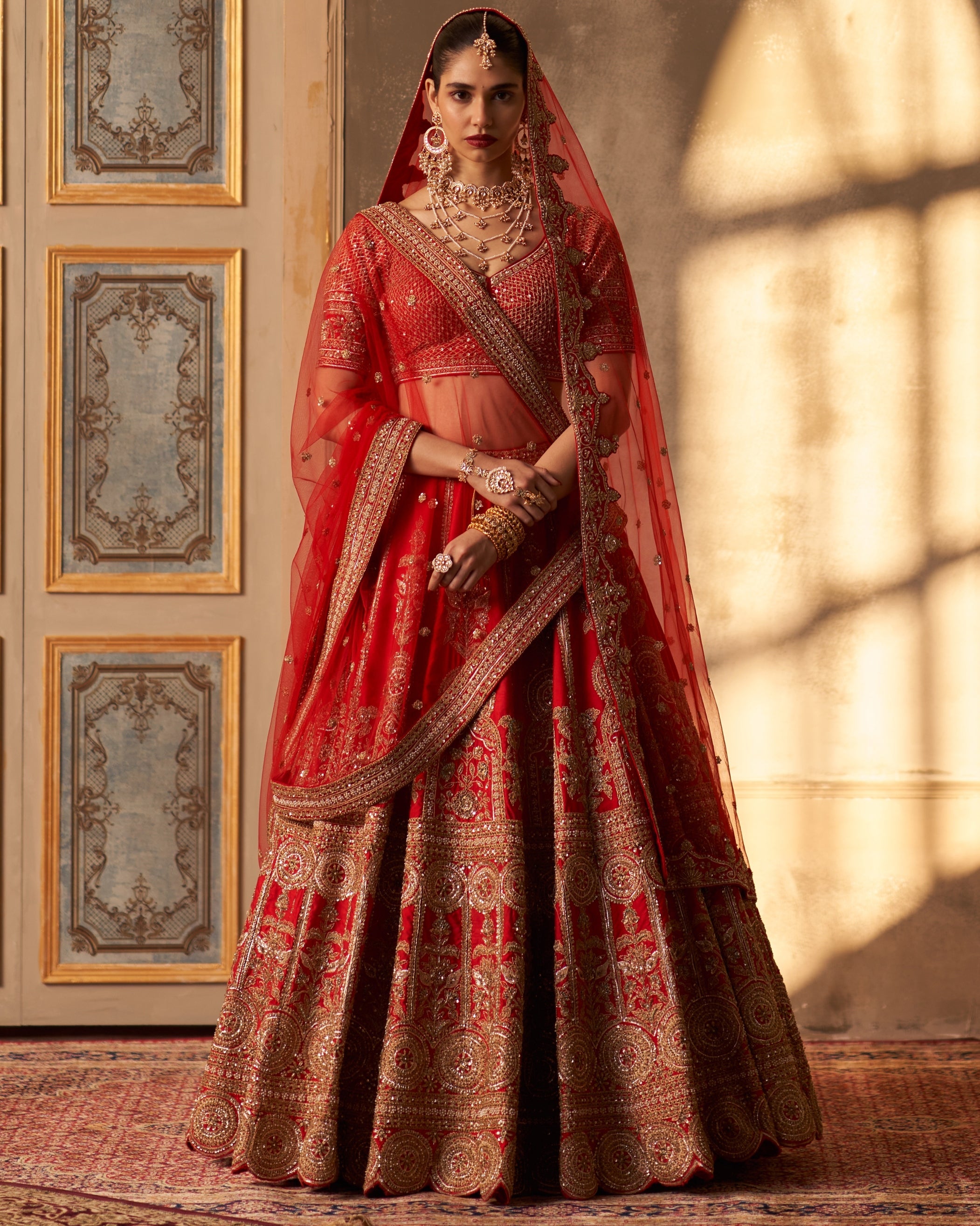 Ishira Red Raw Silk Double Dupatta Lehenga Set By KYNAH, Luxury Indian Fashion & Bridal Wear