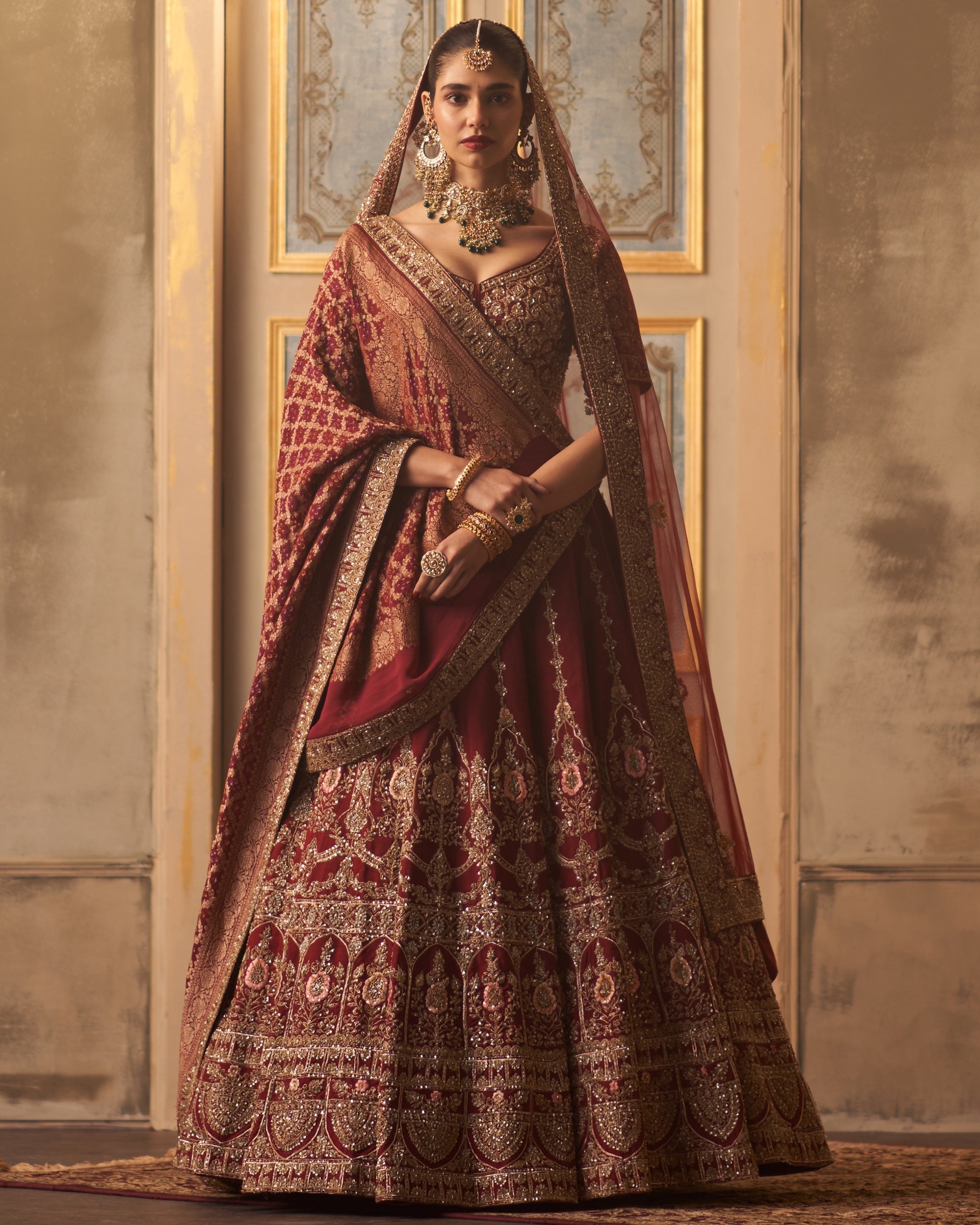 Brahmara Maroon Raw Silk Double Dupatta Lehenga Set By KYNAH, Luxury Indian Fashion & Bridal Wear