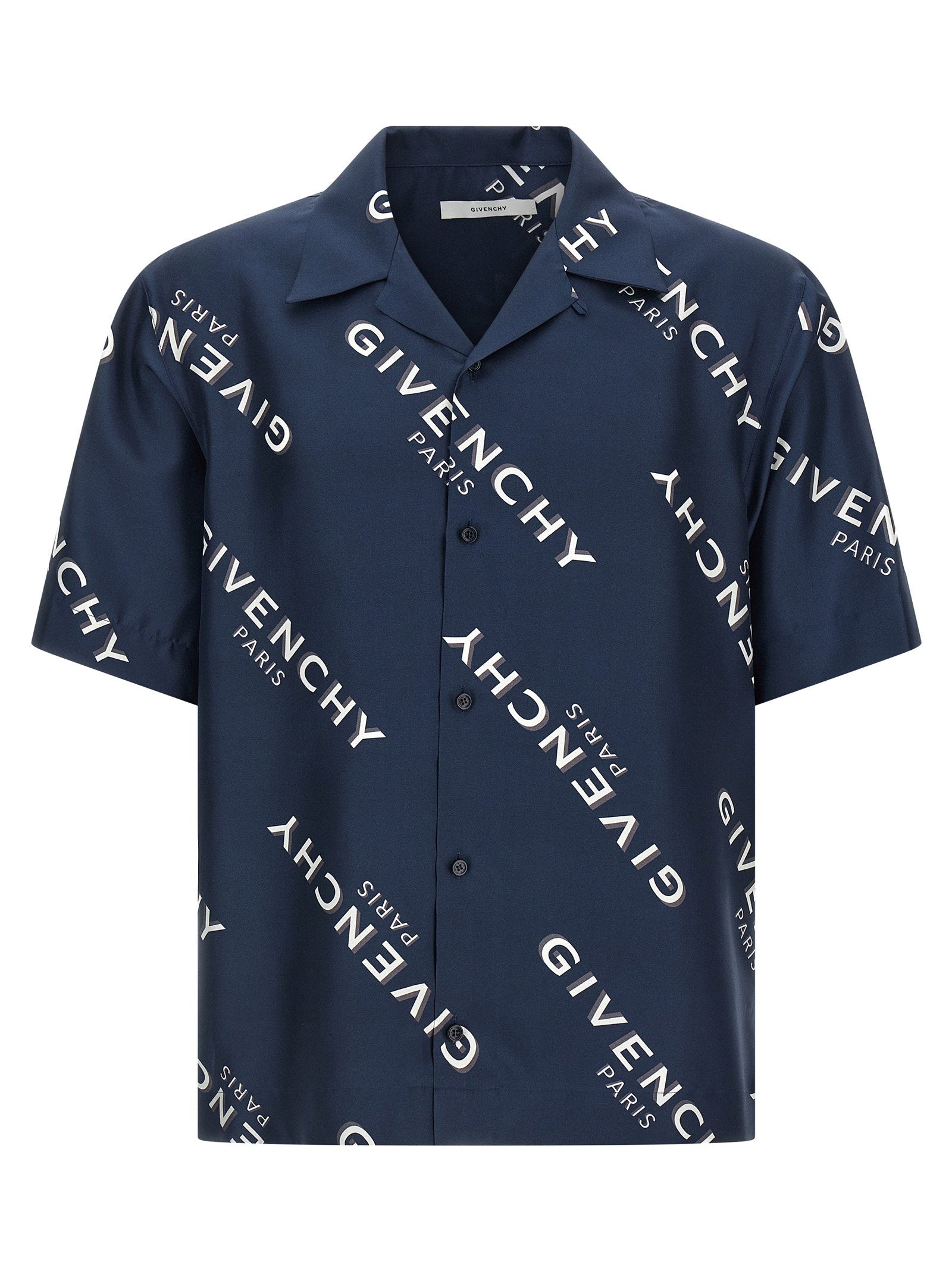Givenchy Logo-Print Silk Shirt — Navy