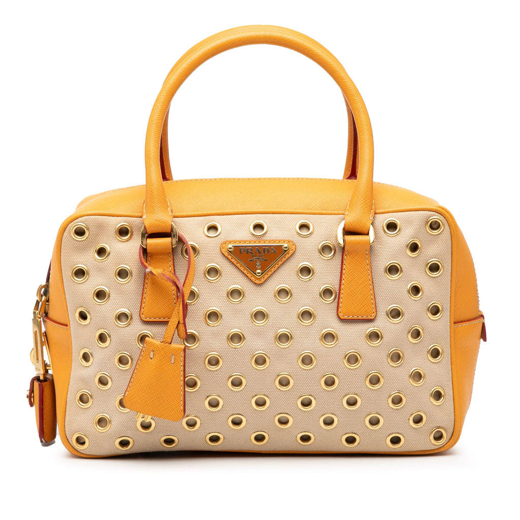 Small Saffiano Trimmed Canvas Grommet Bauletto Bag