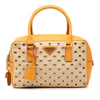 Small Saffiano Trimmed Canvas Grommet Bauletto Bag