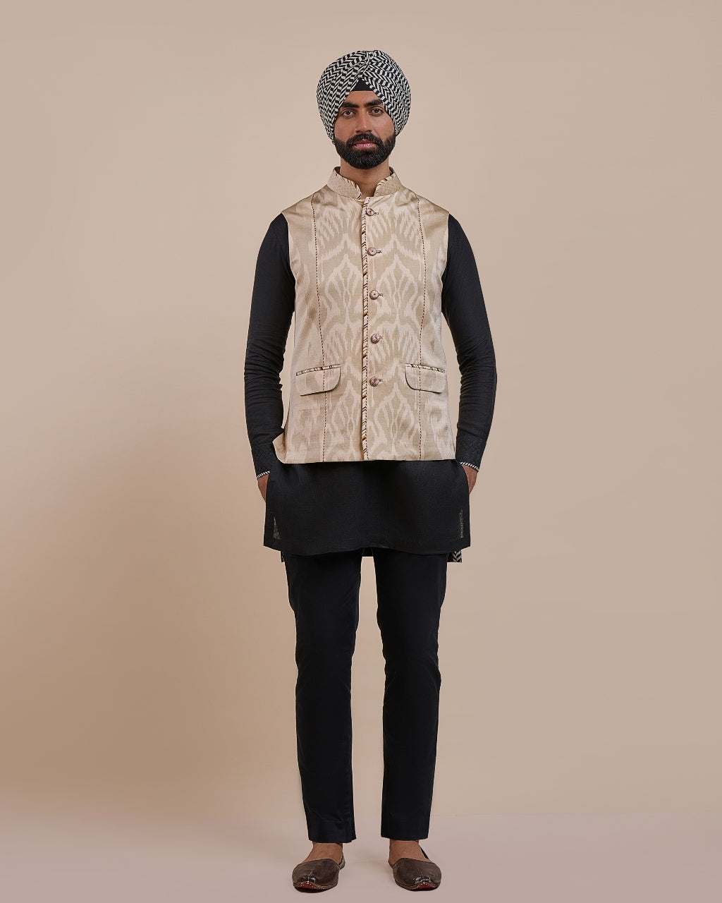 Crème Ivory Ikat Nehru Jacket By KYNAH, Luxury Indian Fashion & Bridal Wear