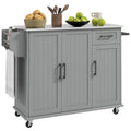 36" Rolling Kitchen Island w/ Steel Countertop, 3 Cabinets & Storage Racks, Gray